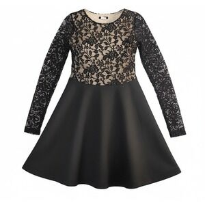 Venus Womens XS Black Lace Fit and Flare Dress Long Sleeve Nude Lining 42123